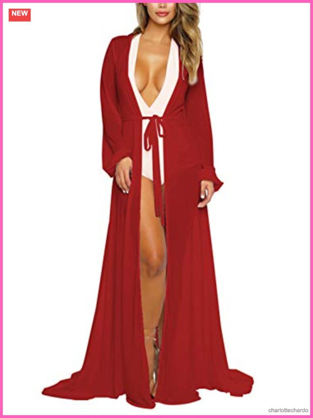 Long Sleeve Tie Front Maxi Cover Up Plunge V Neck Swimsuit Robe Flowy
